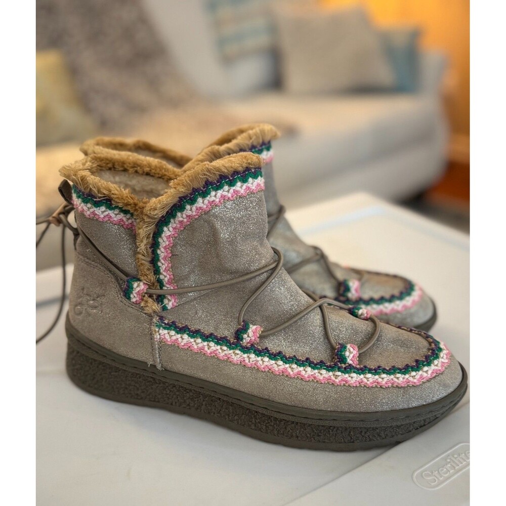 NEW OTBT Terreno Metallic Moon Boots 7.5 Grey Winter Leather Shearling Comfort